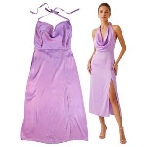 NWT BSL Women Medium Viscose Midi Dress Lila Cowl Neck Halter Slit Gala